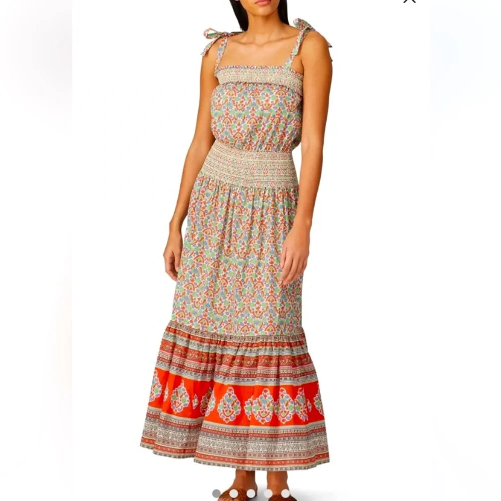 New Tory Burch Legacy Paisley Smocked Tie Shoulder Cotton Sun Maxi Dress S 4 6 - Picture 1 of 3